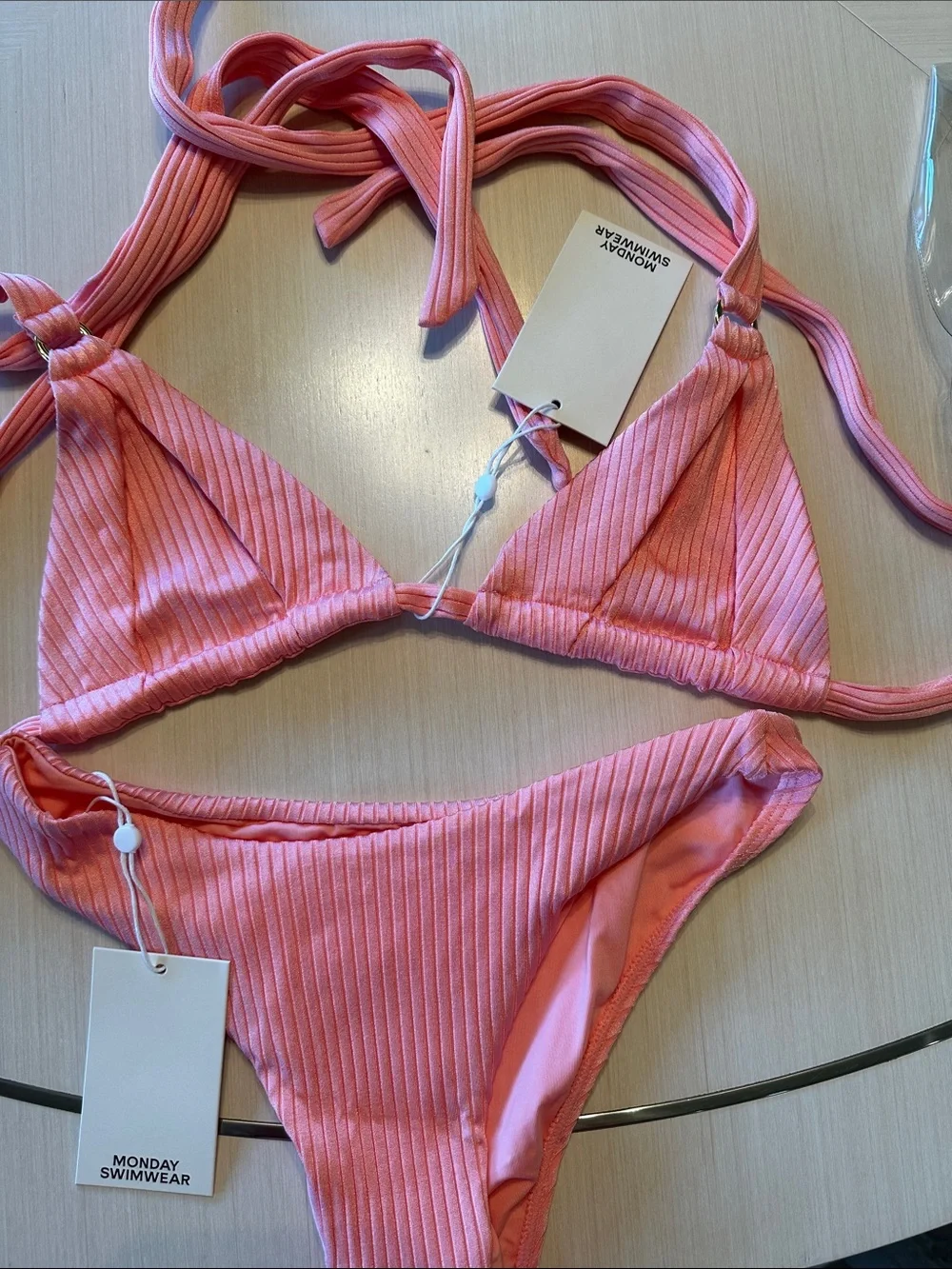 Monday Swimwear Guava Pink Ribbed Triangle Bikini Set NWT